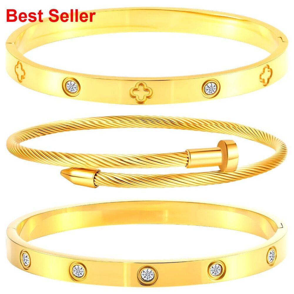 Stainless Steel Stackable Bangle Bracelets Set with Crystal Embellishments